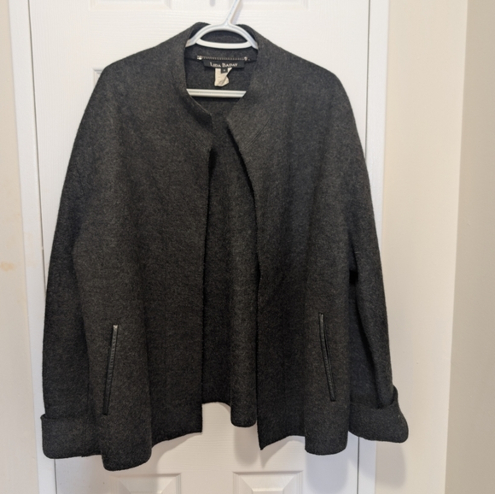 Lina Baday 100% wool Gray Open Front Jacket Quiet Luxury Dark Academia Office 10
